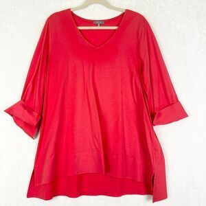 Habitat Deep Hem Tunic Size Medium Cotton Trapeze V-Neck 3/4 Sleeve Coral Red